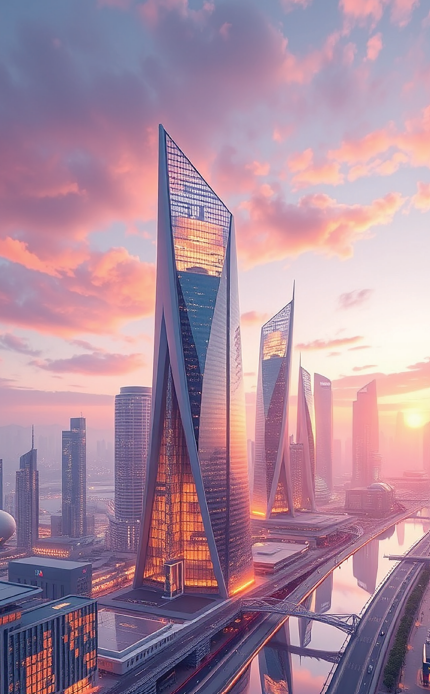 Modern city skyline with Blesslife infrastructure